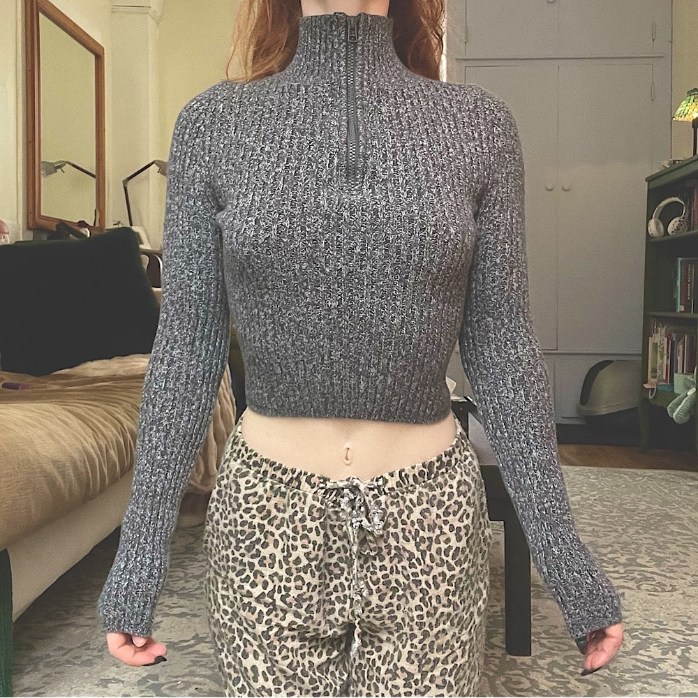 Aerie Grey Ribbed Women's Cropped Half Zip Longsleeve Sweater Cover Casual Comfy - Picture 2 of 7